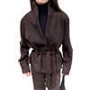 Yancremio Moda Retrò Da Donna Classico Risvolto Bottone Camoscio Giacca A Maniche Lunghe Primavera E Autunno Elegante Business Casual Cappotto Corto Con Cintura (Marrone,S)