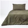 HOMESCAPES Set copripiumino di in morbido lino tinta unita verde scuro testurizzato biancheria da letto in fibra di lino francese naturale e misto cotone kaki verde copripiumino con federe singolo