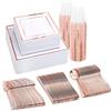 MGrow in Style Servizio da tavola quadrato per 25 persone, in plastica oro rosa, con 150 pezzi di stoviglie riutilizzabili occasioni speciali, comprendenti piatti insalata, forchette, coltelli, cucchiai e tazze