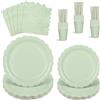 NatNarr Set di 125 stoviglie per feste, per 25 ospiti, piatti di carta ondulati, verde salvia e cannucce di carta per baby shower, compleanni, matrimoni