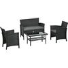 EasyComfort Salotto da Esterno Rattan PE con Divanetto, 2 Poltrone con Cuscini e Tavolino in Vetro, Nero e Grigio