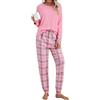 Litherday Pigiama Donna Invernale Cotone Due Pezzi con Manica Lunga e Pantaloni a Quadri Collo Rotondo con Tasche Comodo per Casa