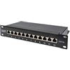 DIGITUS Pannello patch Cat-6A, 12 porte, Prese RJ45, Rack mount 10 pollici, 1U, Pannello di distribuzione LSA, Schermato, Nero