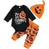 Geagodelia Completo Neonato Halloween 3 Pezzi Tutina a Maniche Lunghe+Pantaloni+Cappello Tuta Elegante Stampa Carina per Bambini 0-18Mesi (Nero, 6-9 Months)