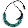 Avalaya Collana in cotone con foglie e uccellini in legno blu scuro, lunghezza 80 cm, regolabile