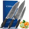 Czeslaw Set Coltelli da Cucina, set di coltelli da Professionali cucina giapponesi in acciaio Damasco, set di Coltelli da Chef neri Professionali e affilati di 3 pezzi, Con Manico Ergonomico in ABS