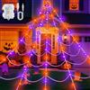 Dalugo Catena luminosa per Halloween, 6 x 5 m, triangoli, ragnatela decorativa, bianca, 8 modalità di batteria, colore viola, arancione, con cavo USB da 3 m, per Halloween, decorazione all'aperto