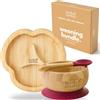 bamboo bamboo Piatto Baby & Ciotola Svezzamento Set, Ventosa per Pappa e Svezzamento, Piatto Diviso Bamboo, Ciotola Toddler & Cucchiaio Baby, Piatti per Bambini da 6 Mesi (Ciliegia)