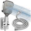 HNOOM Kit Doccia Completo, Soffione Doccia Quadrato 120mm Alta Pressione + Tubo 1.5M + Supporto Senza Fori, 8 Modalità, Anticalcare, Universale per Doccia Bagno（Argento）