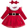 Geagodelia Abito di Natale Bambina Vestito Manica Lunga Elegante Abiti Rosso Inverno e Fascia dei Capelli Set di Vestiti per Neonati Natale (Rosso, 3-6 Months)