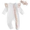 Geagodelia Neonato Ragazza Footies Pagliaccetti in Cotone Colore Solido Manica Lunga Jumpsuits Neonato Elegante Vestiti Body con Fascia (Bianco-Cachi, 6-12 Months)