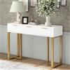 LERFAN Moderno consolle con 3 cassetti, tavolo da divano, tavolo con struttura dorata, poggiapiedi regolabili e eleganti maniglie, 120 x 36 x 80 cm, bianco + oro