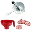 Fackelmann Set Conserve di Pomodoro, Passaverdura con 2 dischi in acciaio inox Imbuto bocca larga in Plastica rossa e Set da 6 Coperchi per Vasetti in Alluminio a quadretti