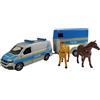 Kids Globe VW Transporter Polizia con rimorchio per cavalli Die Cast Pull Back 28 cm, giocattolo per bambini, 520359