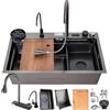 Generic Lavello a Cascata In Acciaio Inox Nero, Multifunzionale Lavello Da Lavoro a Una Vasca Grande Con Rubinetto Estraibile a 360°, Tagliere, Sifone e Set Di Scarico - Lavello Moderno Per Cucina e Bar(Black
