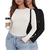 Joligiao Maglietta a Manica Lunga Donna T-Shirt Casual Basic Top Slim Fit T-Shirt Girocollo a Maniche Lunghe Crop Top Basic Solido Tee Casual Camicia Tops Elegante 1/2 Pezzi(Nero+Bianco,S)