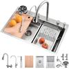 Bokaiya Lavello da Cucina con Cascata, 80x45cm Grande Lavello Cucina, Lavello Multifunzione 1 Vasca Con Lavabicchieri, Tagliere, Rubinetto Estraibile e Scolapiatti, Bokaiya Lavandino Multifunzione Acciaio