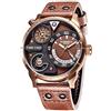 Alienwork Orologio Uomo Bronzo Marrone Bracciale in Cuoio Rosolare Calendario Data Multi-Fuso Orario XL Più Grande
