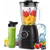 WAWORIO Frullatore, 1500W Elettrico Frullatore Smoothie con Caraffa in Vetro da 1,5L e Bottiglie Portatili 600ml, Velocità Regolabile, Lama in Acciaio Inox per Gelato, Frutta, Verdura
