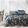 Eikei - Set di biancheria da letto in cotone, 3 pezzi, con copripiumino e motivo floreale con pavone, stile asiatico King Orion Blue