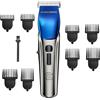 Barberboss Regolabarba da uomo, tagliacapelli a 4 velocità, lama in ceramica, 8 pettini e display a LED, ricarica USB e design impermeabile, kit professionale per il taglio dei capelli (Argento, Blu)