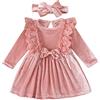 IMEKIS Vestito di Natale per neonati, da principessa, con volant, in pizzo, con fiocco, a maniche lunghe, in velluto, per autunno e inverno, con fascia per compleanno, vacanze, feste, Colore: rosa., 12-18