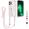 FERLAN Magnetica Cover per iPhone 15 Pro Max con Cordino, Compatibile con MagSafe, Custodia Traslucida PC Sottile TPU Antiurto Protettiva Case con Corda Collana Tracolla Laccio, Rosa