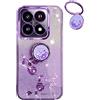 YUECXIN Cover Glitter per Xiaomi 14T, Trasparente Bling Brillantini Donna Custodia, Ultra Sottile Molle Antiurto TPU Silicone Fiori Anello Supporto Case. Viola
