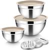 Joyfair Set di 3 ciotole in acciaio inox con coperchio ermetico e 3 grattugie, insalatiera per cuocere/cucinare/preparare, impilabili e lavabili in lavastoviglie, 4,5 l/2,7 l, 1,5 l, colore cachi