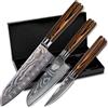 Wolfblood set 3 coltelli Santoku in acciaio Damasco 67 strati (30, 24 e 20 cm) | Coltelli da cucina professionali VG10 | Santoku, coltello officina, confezione regalo e proteggi lama