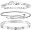 RIXERKOC 3PC Bracciale Rigido Oro Donna, Bracciale Tennis con Zirconi Placcato in Oro 18K e Bracciali in Acciaio Inox con Chiodo Set Regali Originali per Natale San Valentino Halloween (Argento)