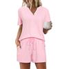 Bresdk Pigiama Donna Estivo Corto in Cotone Leggero a Manica Cortoe e Pantaloni da Pigiami Due Pezzi da Donna con Tasche Rosa L