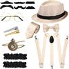 Blulu Set Accessori Costumi Uomo Anni '20 Costume da Gangster Retrò, Cappello, Papillon, Orologio, Bretella, Occhiali, Barba, Bracciale Reggicalze, Fermacravatte (Stile Semplice, Bianco Sporco)