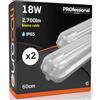 Eurocali Plafoniera LED 60 cm con 2 Tubi 18W 2700 lumen Professionale Impermeabile IP65 Doppio Neon LED T8 - Luce Bianco Caldo 3000K - Industriale - Sostituzione Neon - Pacco da 2