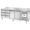 Tavolo Refrigerato con alzatina 2 porte e 6 cassetti, 560 Lt. Acciaio inox. -2°/+8°C. - Cm. 223x70x85H. * Linea E *