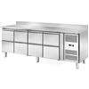 Tavolo Refrigerato con alzatina a 8 cassetti, 560 Lt. Acciaio inox. -2°/+8°C. - Cm. 223x70x85H. * Linea E *