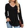 SCHOOLMOON Maglietta Donna Manica Lunga Elegante Scollo a V Tinta Unita Camicia Casual Basic Lunga Blusa Autunno Moda Tunica Tee(Nero,S)