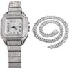 genkigold Orologio con Diamanti per Uomo - Quadrante Quadrato 40mm con Numeri Romani - Placcato in Platino Cinturino 22cm - Quarzo Giapponese - Gioiello di Lusso - Abbinato a Catena Cubana 45cm