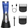 BarberBoss Rifinitore ricaricabile per peli del corpo da uomo, rasoio inguinale blu con design impermeabile, display a LED, regolabarba e corpo con pettini regolabili