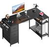SOLAVERO Scrivania Angolare 140 x 80 cm, Scrivania a L con 3 Cassetti, Tavolo Computer con Borsa Portaoggetti, Ripiani regolabili, per Ufficio, Studio and Soggiorno, Tavolo Gaming Nero