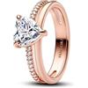 PANDORA Bague double rail pour femme avec cœur couleur or rose 183100C01, 52/16,6, Argent sterling, Zircone cubique