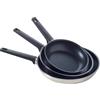 Qulinart Set di 3 padelle, con fondo triplo, senza PFOA, antiaderente, in acciaio inox antigraffio, manico in bachelite - per tutti i piani cottura, compresi quelli a induzione, lavabile in