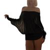 CupitiDU Mini abito in maglia increspata con spalle scoperte, mini abito aderente a maniche lunghe a pipistrello casual elegante vestibilità ampia, Nero , S