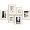 PHOTOLINI Set di 6 cornici per poster legno MDF naturale con passe-partout, 21x30 cm e 30x40 cm, plexiglass infrangibile, da parete, accessori inclusi - per foto, immagini e poster