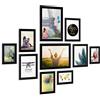PHOTOLINI Set di 10 cornici nero legno MDF, cornici larghe, moderne, plexiglass infrangibile, da tavolo o da parete, accessori extra - per una parete dal look raffinato