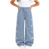 Generic Jeans larghi a gamba larga da ragazza con fiocco ricamato a vita alta gamba dritta pantaloni in denim elastico in vita jeans estetici casual pantaloni da scuola, Azzurro, 11 anni