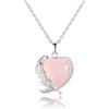 JSDDE Collana con ciondolo a forma di cuore con ali avvolgenti in quarzo rosa, per donna e ragazza, collana a catena cuore d'amore in pietra naturale, cornice di foglia amuleto portafortuna per mamma