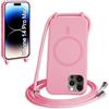 FMPCUON FNPCUON Cover Magnetica Silicone per iPhone 14 Pro Max con Cordino,Compatibile con MagSafe,Custodia con Laccio Collana Tracolla Collo Sottile TPU Antiurto Protettiva Case con Corda.Pink