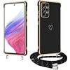 E-Lush Cover per Samsung Galaxy A53 5G con Cordino, Ultra Sottile Cuore Amore Elettrolitico Cover per Samsung A53 5G, Morbido TPU Silicone Custodia con Regolabile Collana Antiurto Protettiva Case Nero