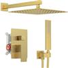 Iriber Sistema doccia a pioggia color bronzo champagne con soffione doccia da 30,5 cm e set da bagno a parete spazzolato con miscelatore e spazzola dorata (valvola inclusa)